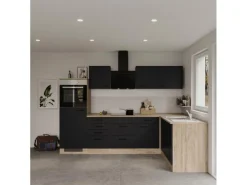 Discount Flex-Well Exclusiv Winkelküche Capri 280 x 170 cm Schwarz Matt-Endgrain Oak