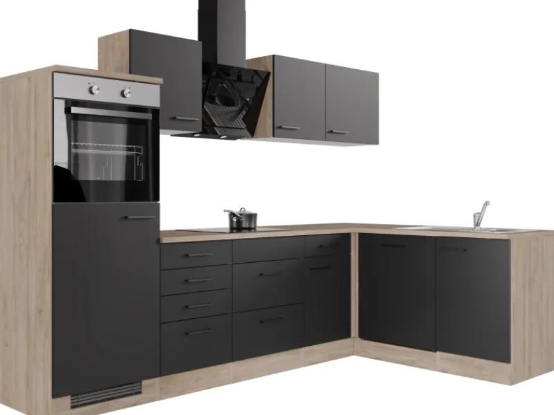 Discount Flex-Well Exclusiv Winkelküche Capri 280 x 170 cm Schwarz Matt-Endgrain Oak