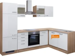 Flex-Well Exclusiv Winkelküchen|Kühlschränke<Winkelküche Valero 280 cm Hochglanz Weiß-Sonoma Eiche