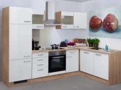 Flex-Well Exclusiv Winkelküchen|Kühlschränke<Winkelküche Valero 280 cm Hochglanz Weiß-Sonoma Eiche