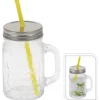 Geschirr<Glas mit Metalldeckel und Strohhalm 450 ml
