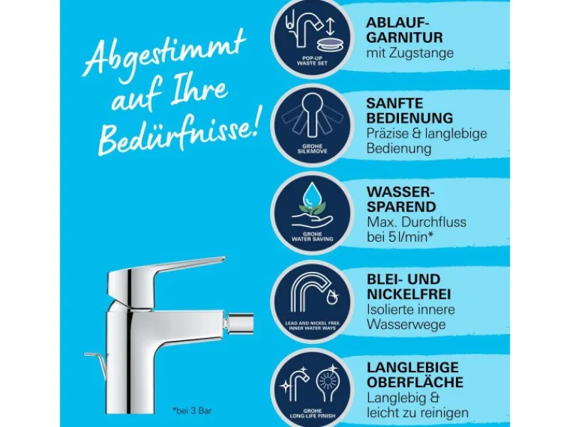 Grohe Einhebelmischer<QuickFix Bidetarmatur Start mit Energie-Spar-Funktion