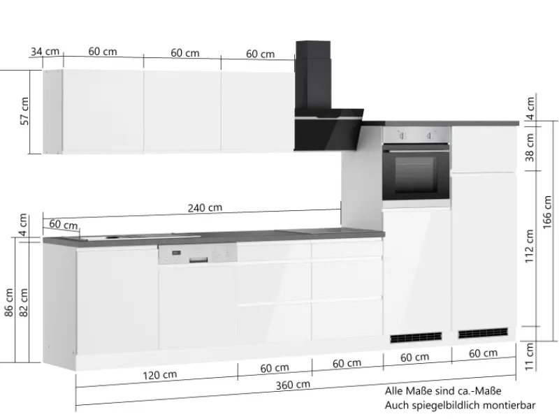 Held Möbel Held Küchen Küchenzeile Gera 360 cm Weiß/Beton mit E-Geräten Induktion< Gefrierschränke|Kühlschränke