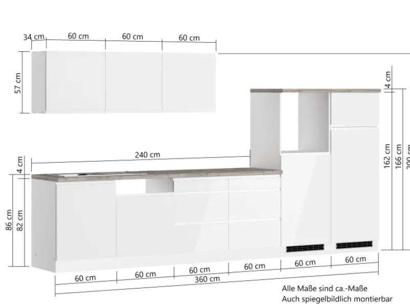Held Möbel Kochfelder|Kühlschränke<Held Küchen Küchenzeile Gera 360 cm Weiß/Beton ohne E-Geräte
