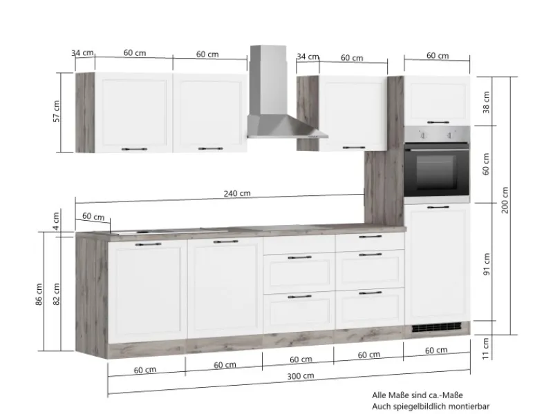 Held Möbel Held Küchen Küchenzeile Kempten 300 cm Weiß/Wotan mit E-Geräten Induktion< Kühlschränke|Einbauküchen