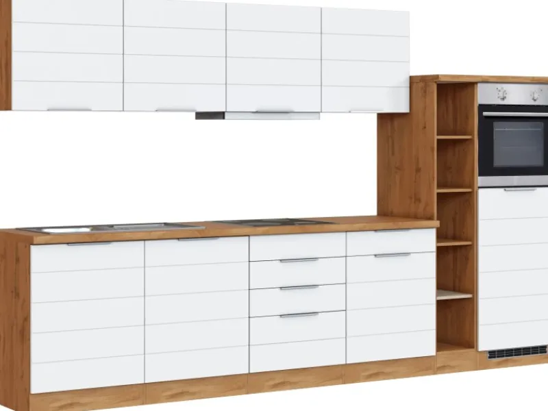 Held Möbel Kochfelder|Kühlschränke<Küchenzeile 330 cm Matt Weiß-Wotaneiche