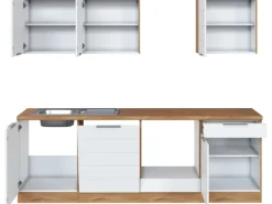 New Held Möbel Küchenzeile 240 cm Matt Weiß-Wotaneiche ohne E-Geräte