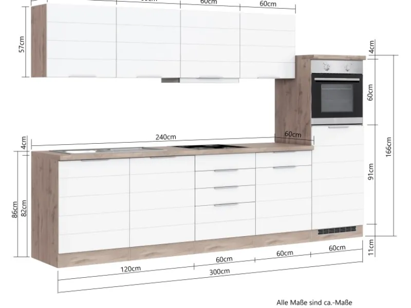 Held Möbel Kühlschränke<Küchenzeile 300 cm Matt Grau-Wotaneiche