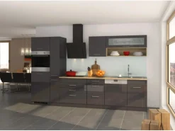 Outlet Held Möbel Küchenzeile Mailand 330 cm -Grau Matt mit E-Geräten Grau Hochglanz