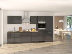 Outlet Held Möbel Küchenzeile Mailand 350 cm -Grau Matt mit E-Geräten Grau Hochglanz