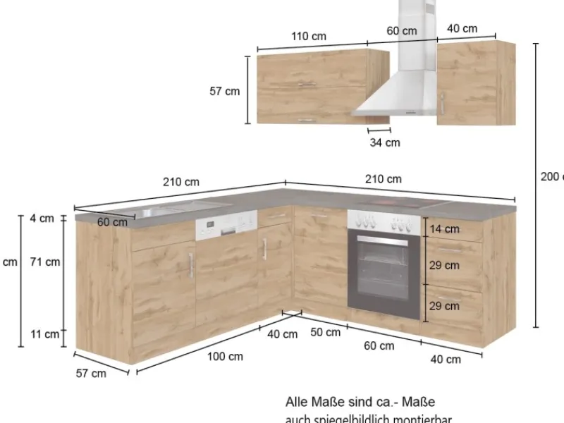 Sale Held Möbel Küchenzeile Sorrento 210 cm Wotaneiche-Wotaneiche Winkel