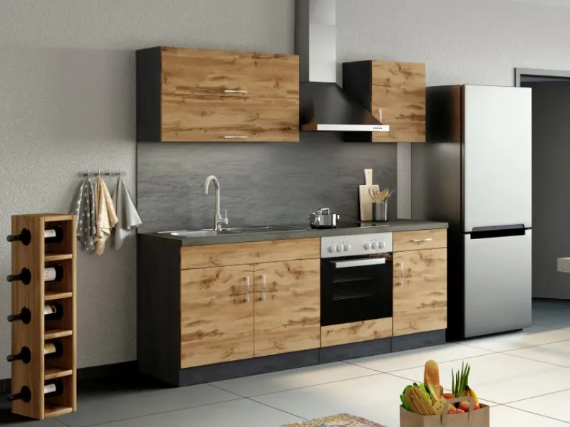 Held Möbel Küchenzeile Sorrento 210 cm Wotaneiche-Grafit< Herde