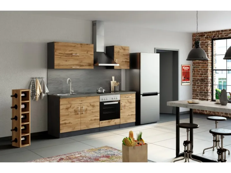 Held Möbel Küchenzeile Sorrento 210 cm Wotaneiche-Grafit< Herde