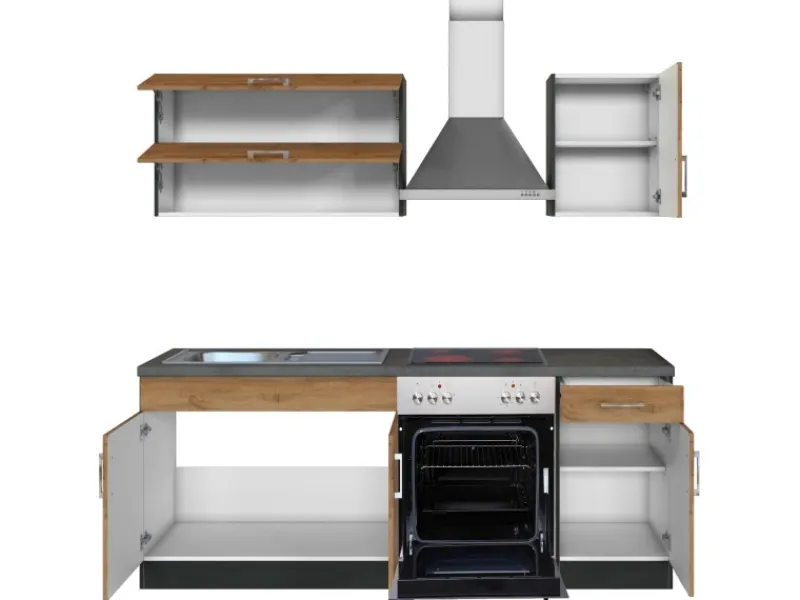 Held Möbel Küchenzeile Sorrento 210 cm Wotaneiche-Grafit< Herde