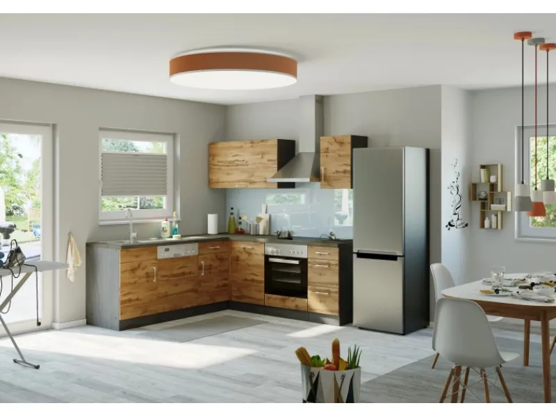 Discount Held Möbel Küchenzeile Sorrento 210 cm Wotaneiche-Grafit Winkel