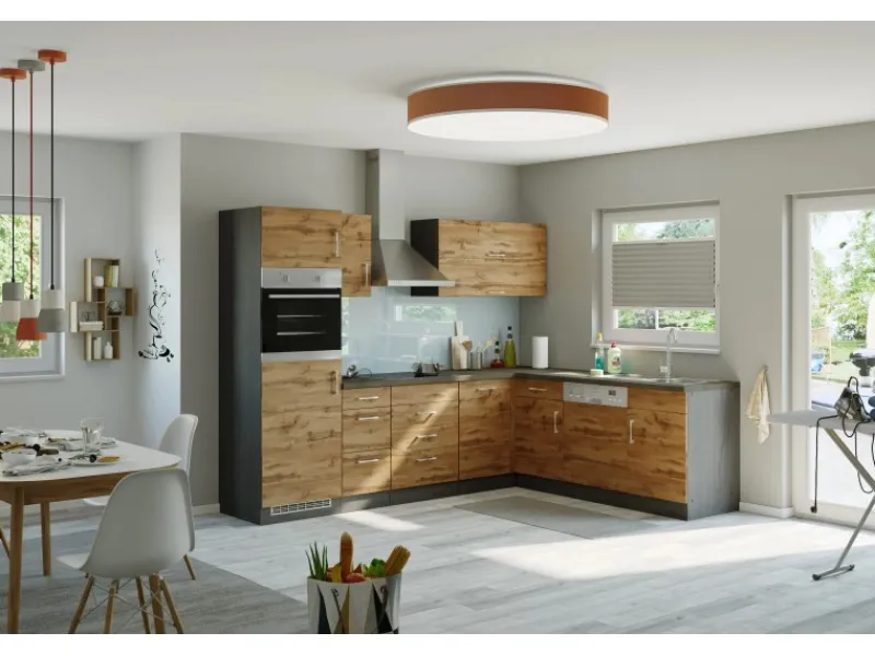 Held Möbel Küchenzeile Sorrento 210/270 cm Wotaneiche-Grafit Winkel< Kühlschränke|Winkelküchen