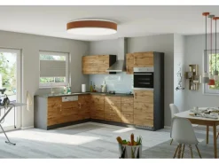 Held Möbel Küchenzeile Sorrento 210/270 cm Wotaneiche-Grafit Winkel< Kühlschränke|Winkelküchen