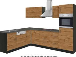 Held Möbel Küchenzeile Sorrento 210/270 cm Wotaneiche-Grafit Winkel< Kühlschränke|Winkelküchen