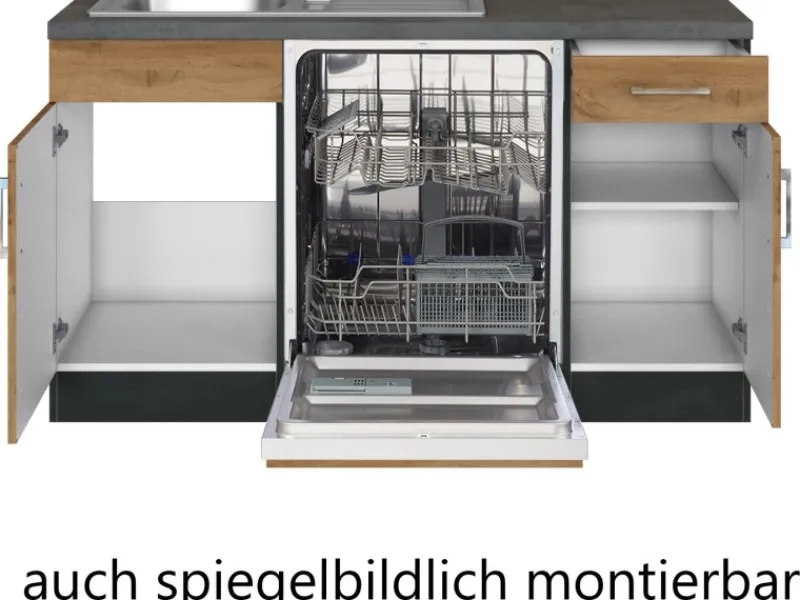 Held Möbel Küchenzeile Sorrento 210/270 cm Wotaneiche-Grafit Winkel< Kühlschränke|Winkelküchen