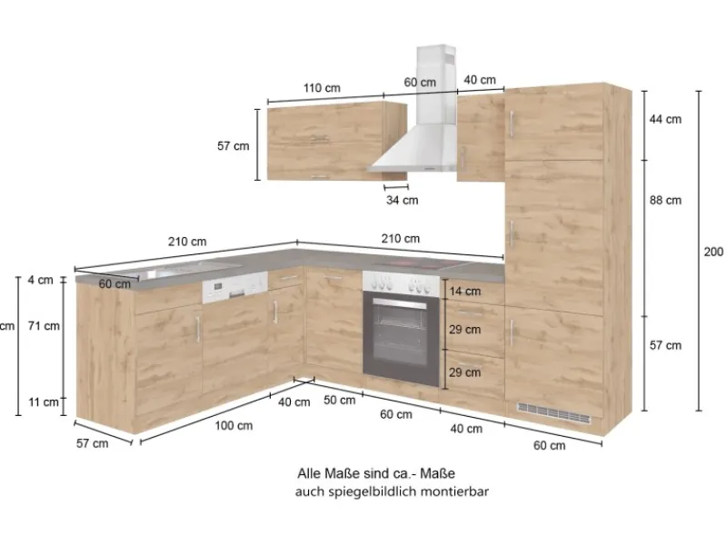 Sale Held Möbel Küchenzeile Sorrento 210/ 270 cm Wotaneiche-Grafit o. E-Geräte Winkel