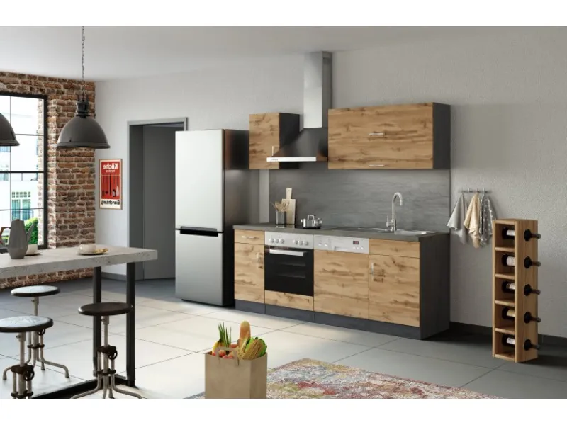 Held Möbel Küchenzeile Sorrento 210 cm Wotaneiche-Grafit< Herde|Einbauküchen