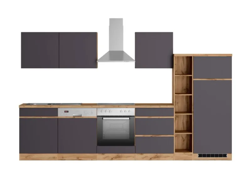 Outlet Held Möbel Küchenzeile Turin 330 cm mit E-Geräten Graphit-Wotaneiche