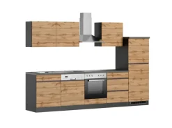 New Held Möbel Küchenzeile Turin 300 cm Wotaneiche-Graphit mit E-Geräten Eiche Graphit