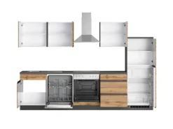 New Held Möbel Küchenzeile Turin 300 cm Wotaneiche-Graphit mit E-Geräten Eiche Graphit