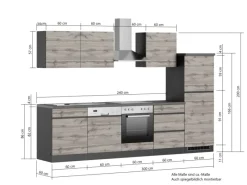 New Held Möbel Küchenzeile Turin 300 cm Wotaneiche-Graphit mit E-Geräten Eiche Graphit