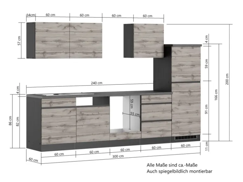 Held Möbel Küchenzeile Turin 300 cm ohne E-Geräte< Einbauküchen