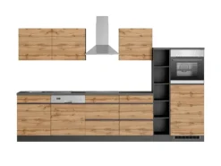 Best Held Möbel Küchenzeile Turin 330 cm Wotaneiche-Graphit mit E-Geräten Eiche Graphit