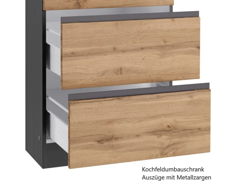 Held Möbel Küchenzeile Turin 300 cm Wotaneiche-Graphit mit E-Geräten Eiche Graphit