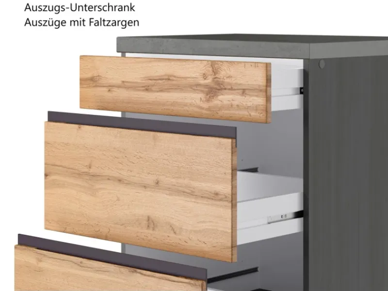 Held Möbel Küchenzeile Turin 390 cm Wotaneiche-Graphit mit E-Geräten Eiche Graphit