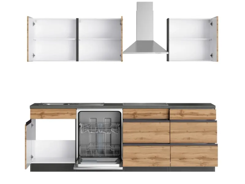Held Möbel Küchenzeile Turin 390 cm Wotaneiche-Graphit mit E-Geräten Eiche Graphit