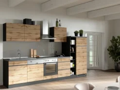 New Held Möbel Küchenzeile Turin 330 cm Wotaneiche-Graphit mit E-Geräten Eiche Graphit