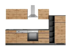 New Held Möbel Küchenzeile Turin 330 cm Wotaneiche-Graphit mit E-Geräten Eiche Graphit