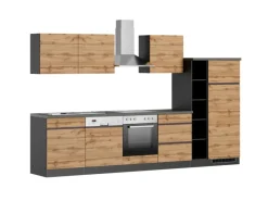 New Held Möbel Küchenzeile Turin 330 cm Wotaneiche-Graphit mit E-Geräten Eiche Graphit