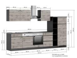 New Held Möbel Küchenzeile Turin 330 cm Wotaneiche-Graphit mit E-Geräten Eiche Graphit