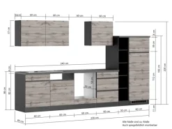 New Held Möbel Küchenzeile Turin 330 cm ohne E-Geräte Graphit-Wotaneiche