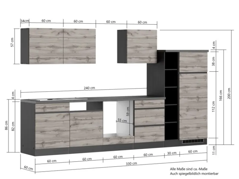New Held Möbel Küchenzeile Turin 330 cm ohne E-Geräte Graphit-Wotaneiche