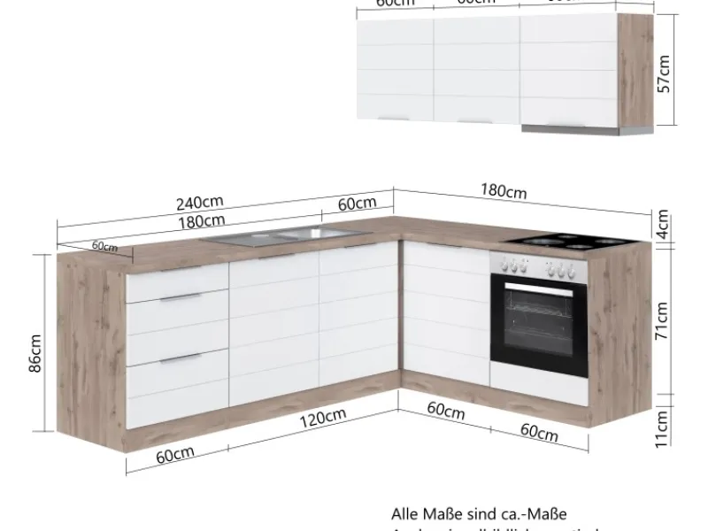 Held Möbel Winkelküche 240 cm - 180 cm Matt Grau-Wotaneiche