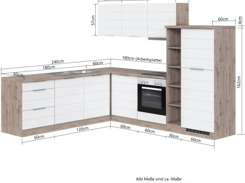 Held Möbel Winkelküche 240 cm - 270 cm Matt Weiß-Wotaneiche< Winkelküchen|Herde