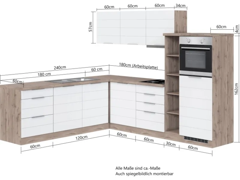 Held Möbel Winkelküche 240 cm - 270 cm Matt Grau-Wotaneiche< Winkelküchen|Kühlschränke