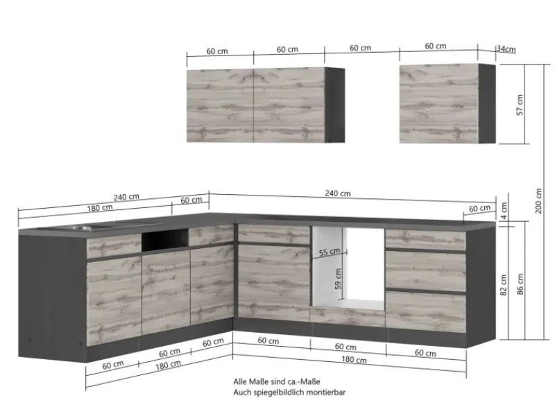 Held Möbel Winkelküchen<Winkelküche Turin 240 x 240 cm Wotaneiche-Graphit ohne E-Geräte