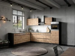 Held Möbel Winkelküche Turin 300 x 240 cm Wotaneiche-Graphit mit E-Geräten< Kochfelder|Kühlschränke