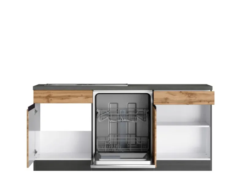 Hot Held Möbel Winkelküche Turin 240 x 240 cm Wotaneiche-Graphit mit E-Geräten Eiche Graphit