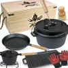 holz4home Pfannen<Dutch Oven Set 9teilig in Holzkiste 3,6L Feuertopf Viel Zubehör Kleiner Topf, Grillplatte, Pfanne, Handschuhe