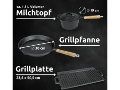 holz4home Pfannen<Dutch Oven Set 9teilig in Holzkiste 3,6L Feuertopf Viel Zubehör Kleiner Topf, Grillplatte, Pfanne, Handschuhe