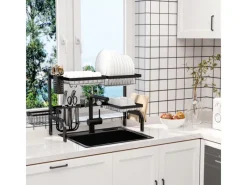 New HOMCOM Abtropfgestell Geschirr  2-Stufig 51-93 cm mit Haken Stahl Schwarz
