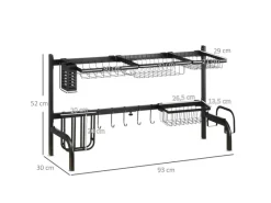New HOMCOM Abtropfgestell Geschirr  2-Stufig 51-93 cm mit Haken Stahl Schwarz